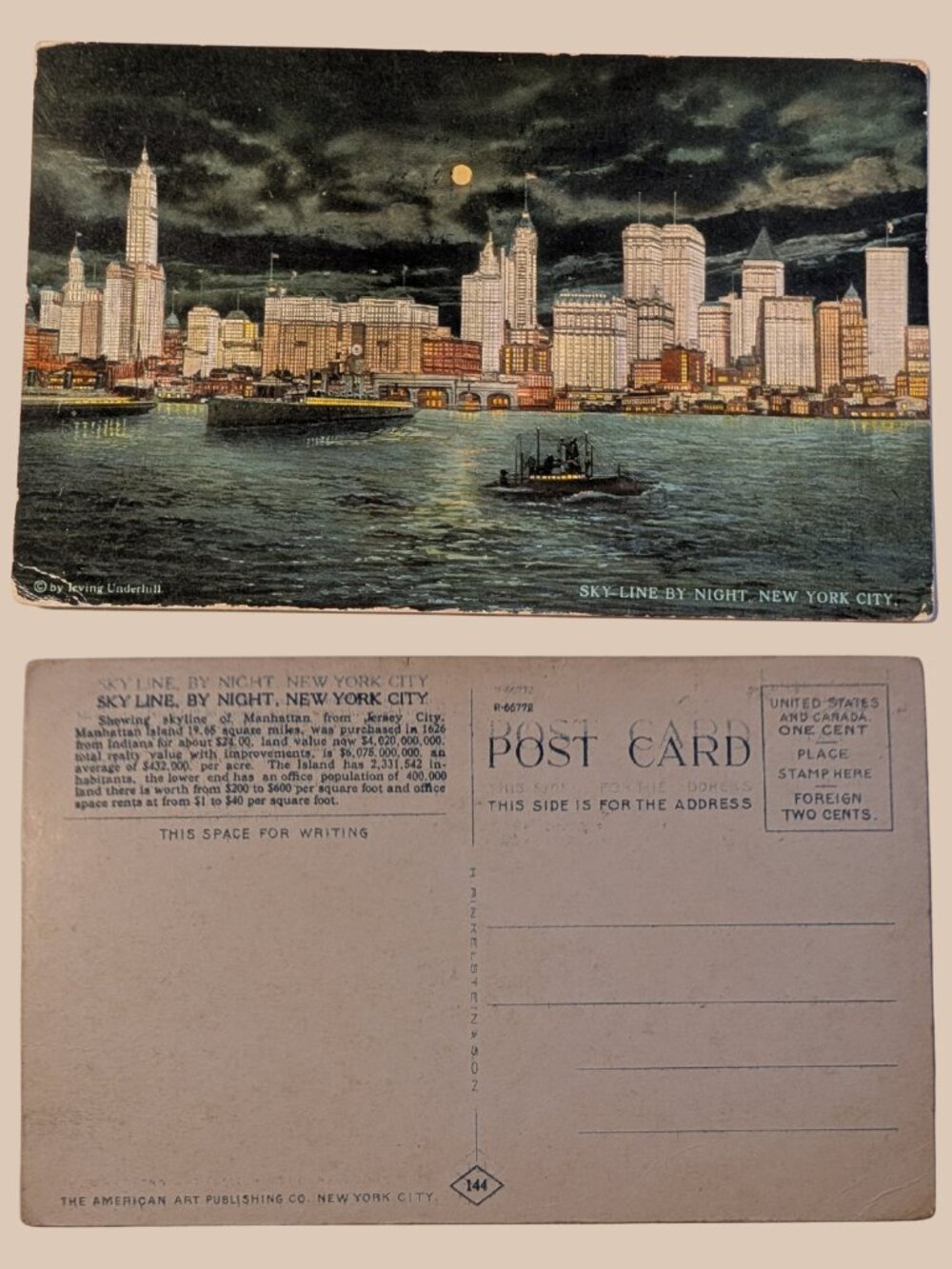 5/$25 Vintage Blank New York City Skyline by Night Postcard